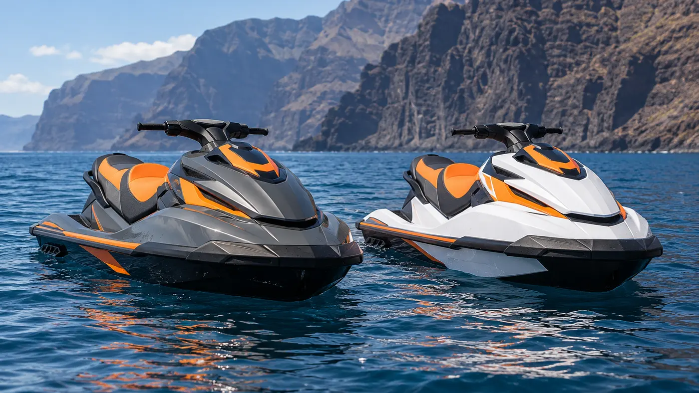 The gray and orange John jet ski beside the white and orange Brah jet ski
