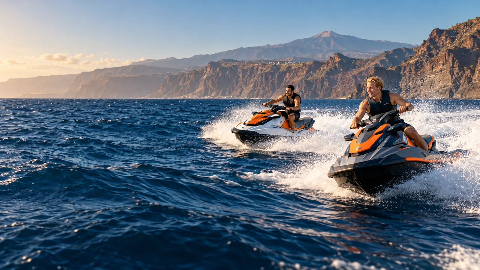 Two licensed riders enjoying independent jet skiing along Tenerife's volcanic coast